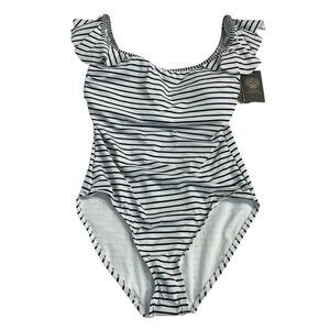 Vince Camuto Swimsuit Womens 10 White Black Blossom Stripe Off Shoulder Nautical